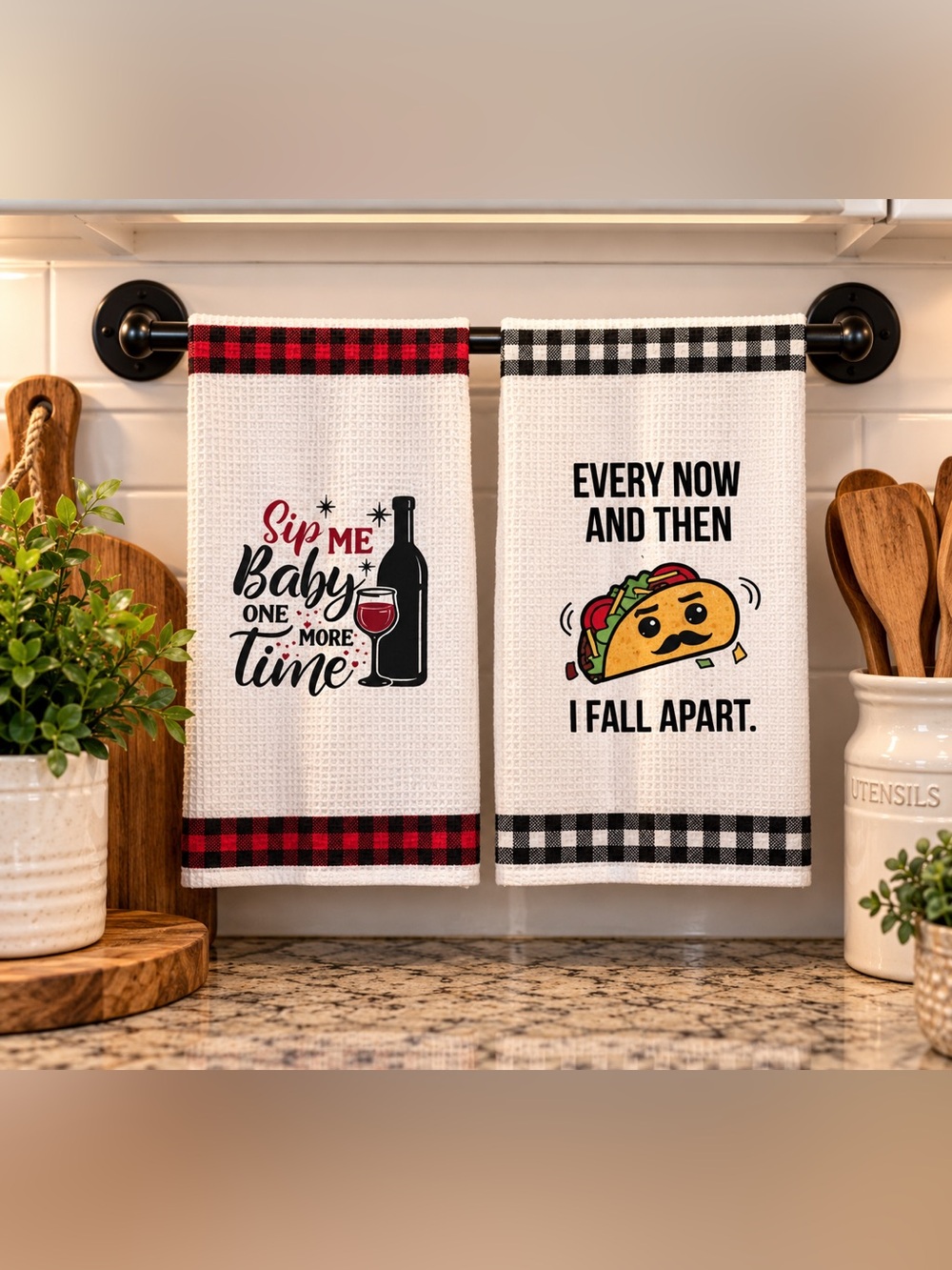 Funny Kitchen Towel Set | Wine & Taco Sayings | Set of 2